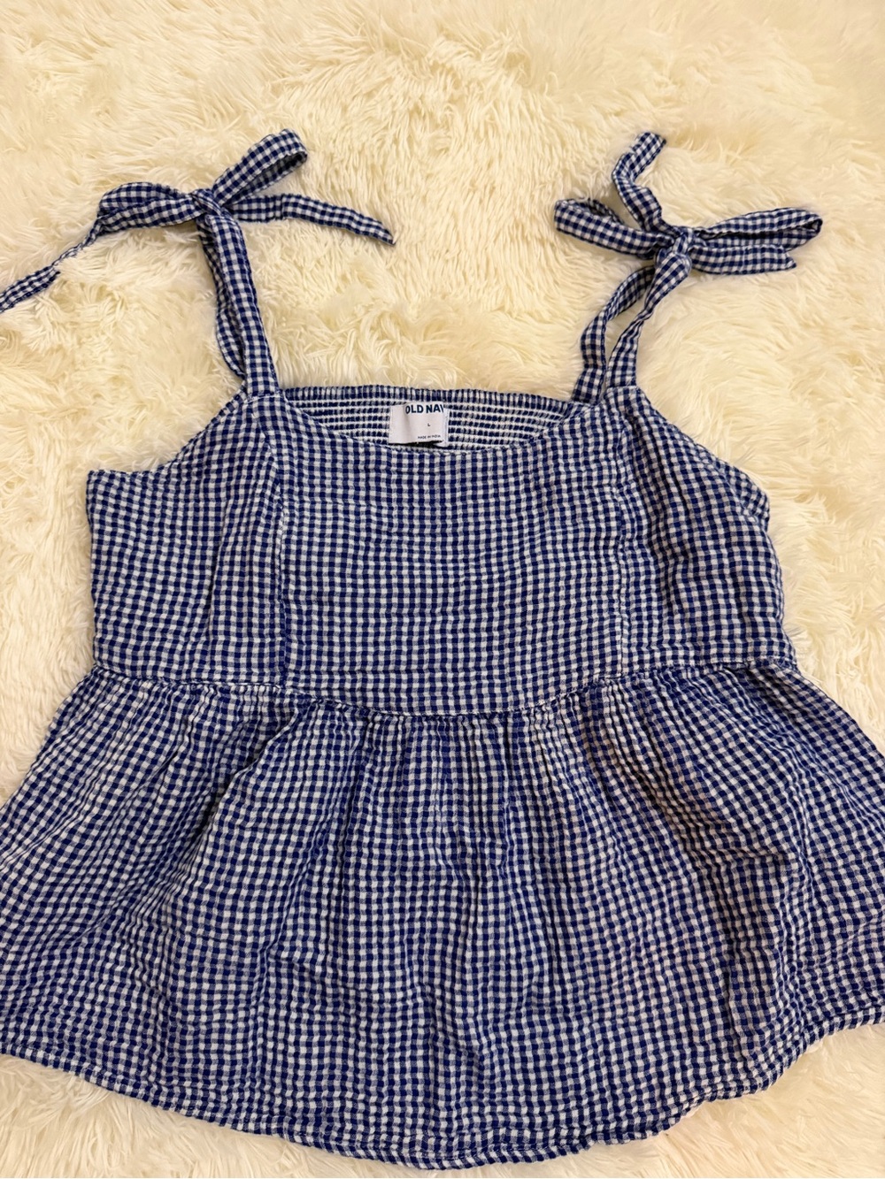 Old Navy Navy and White Gingham Tie-Shoulder Peplum Tank Top